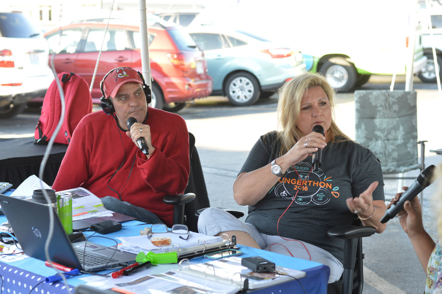 Former KGBX disc jockeys Kevin Howard, left, and Liz Delany broadcast during the 2016 Hungerthon fundraising to benefit Ozarks Food Harvest. The event collected $156,500 last year.
